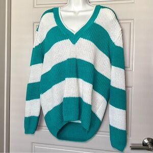 Striped Green and White Crochet Women's Sweater